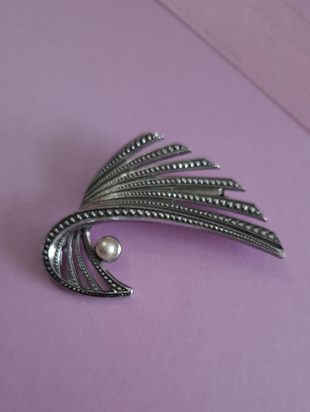 Silver-Tone Marcasite Pearl Accent Brooch